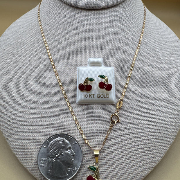 10k Solid Gold Cherry Jewelry Set – Necklace, Pendant &  Stud Earrings (3-piece Combo)