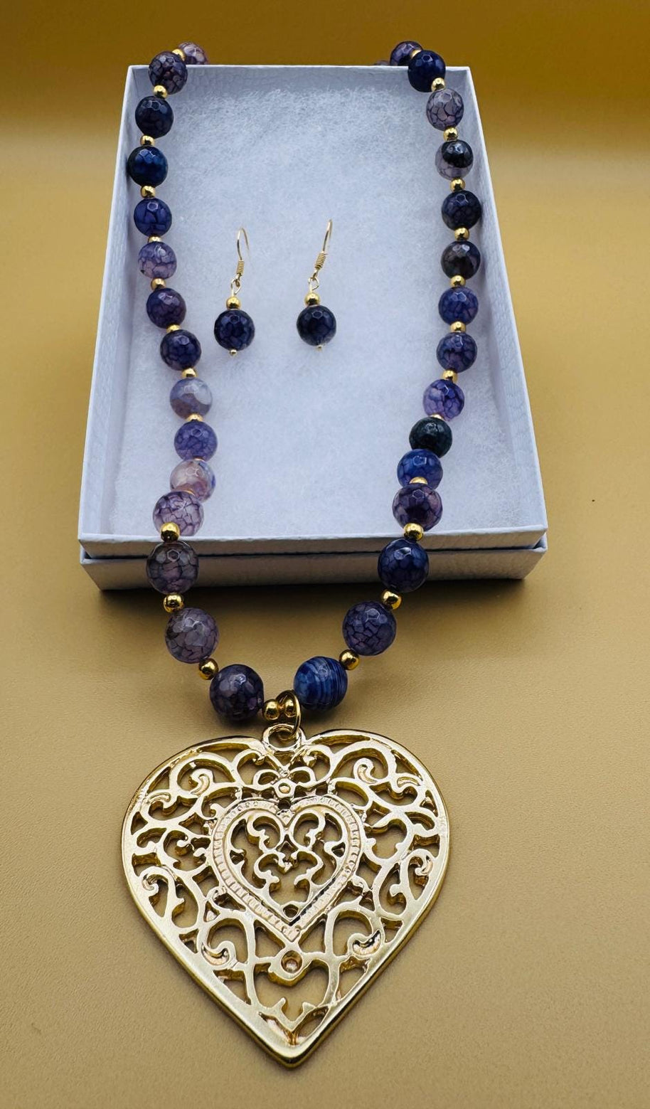 Handmade 14k gold-plated heart necklace from Mexico with natural stones