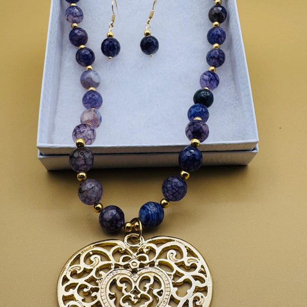 Handmade 14k gold-plated heart necklace from Mexico with natural stones