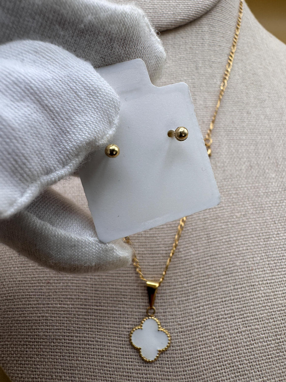 10K Gold White Clover Set – Chain, Pendant, and Earrings