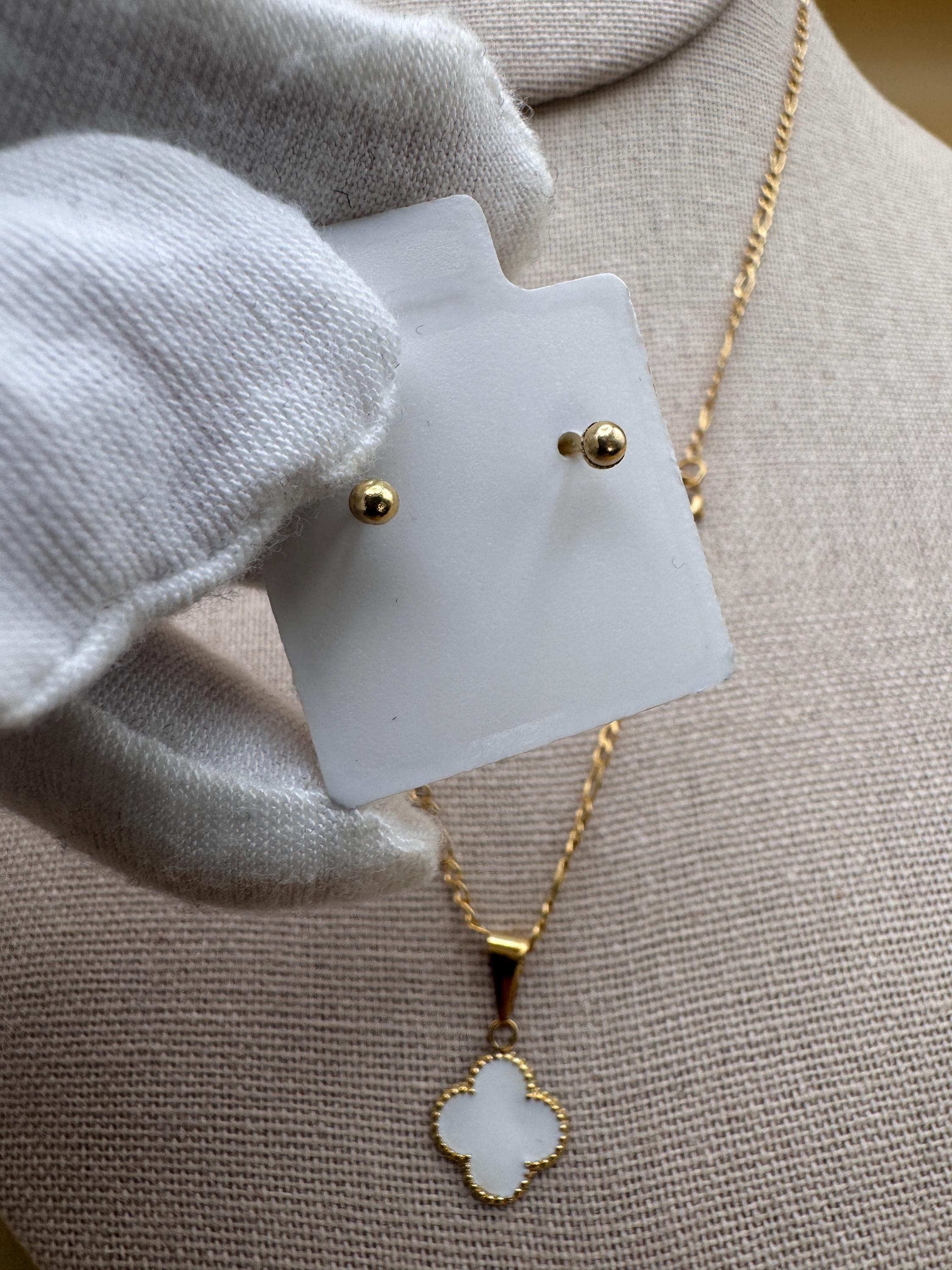 10K Gold White Clover Set – Chain, Pendant, and Earrings