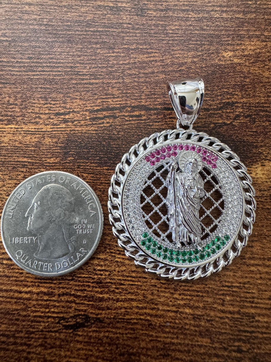 Saint Judas Tadeo Pendant – 925 Sterling Silver with Cubic Zirconia Stones