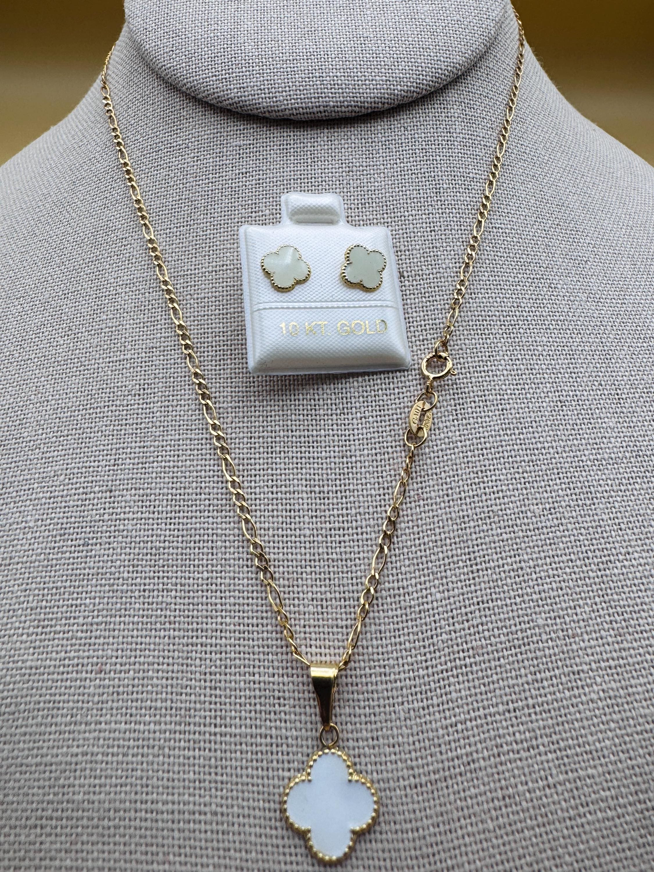 10K Gold White Clover Set – Chain, Pendant, and Earrings
