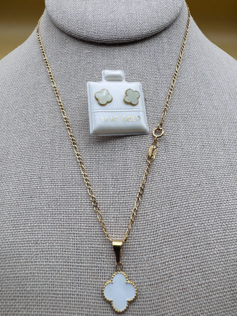 10K Gold White Clover Set – Chain, Pendant, and Earrings