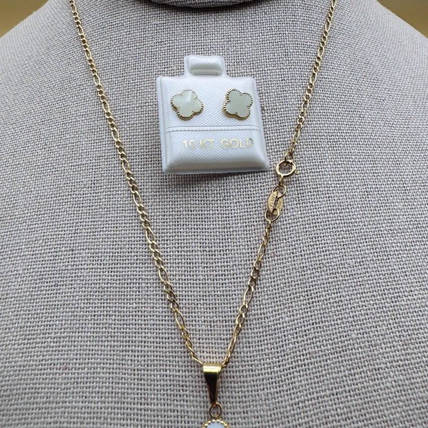 10K Gold White Clover Set – Chain, Pendant, and Earrings