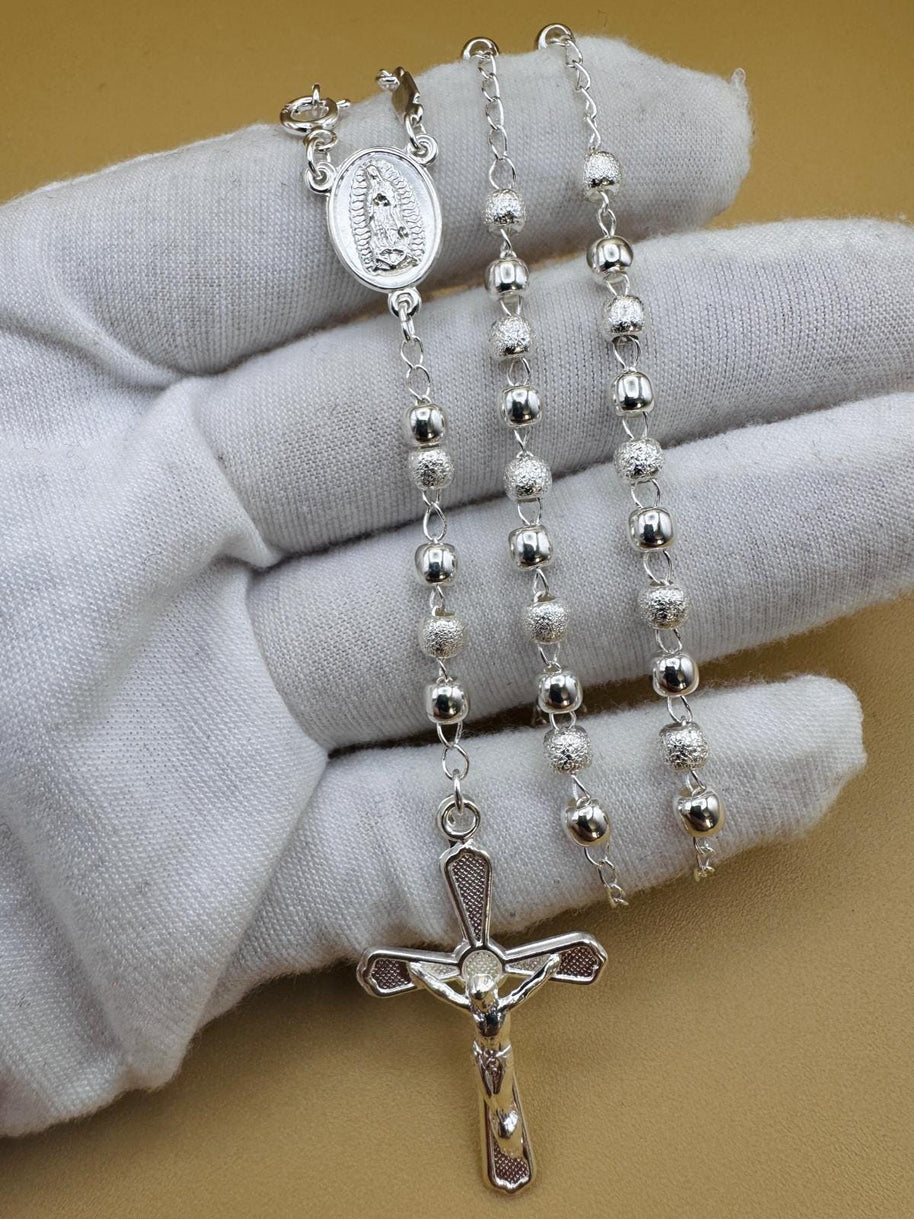 Beautiful Sterling Silver 925 Handmade 13 inch Rosary Perfect Gift (Alternating polished and frosted/textured round silver beads)