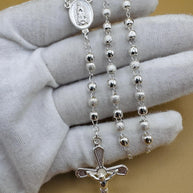Beautiful Sterling Silver 925 Handmade 13 inch Rosary Perfect Gift (Alternating polished and frosted/textured round silver beads)