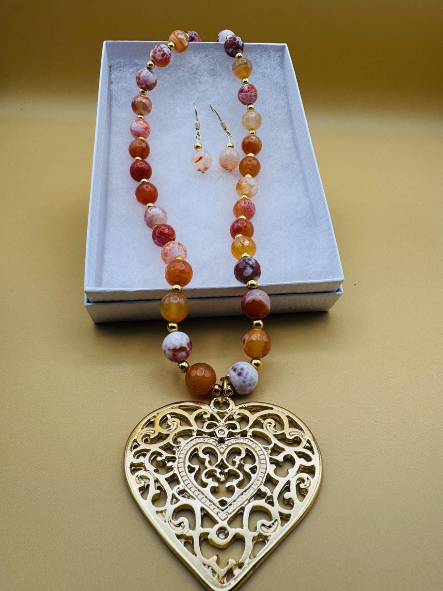 Handmade 14k gold-plated heart necklace from Mexico with natural stones